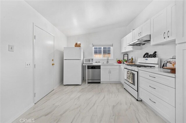 19508 Springport Dr, Rowland Heights, CA 91748 - kitchen with white appliances, under cabinet range hood, a sink, white cabinetry, and light marble finish flooring