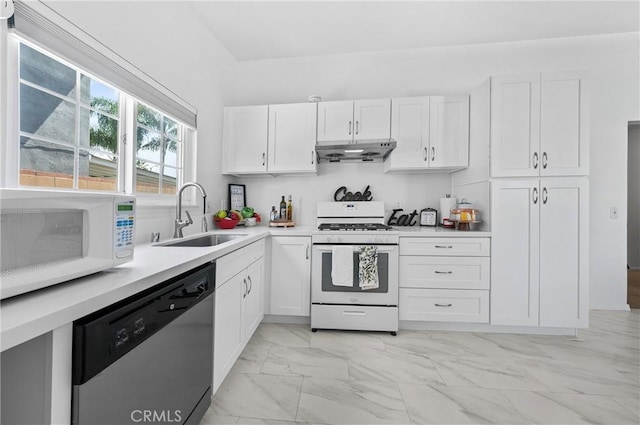 19508 Springport Dr, Rowland Heights, CA 91748 - kitchen featuring white appliances, under cabinet range hood, a sink, light marble finish floors, and white cabinets