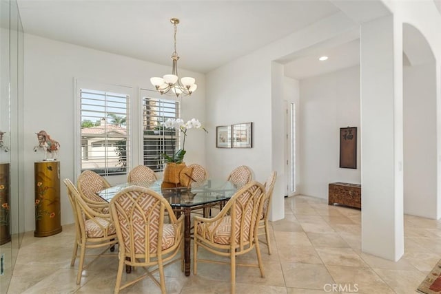 75929 Camino Cielo, Indian Wells, CA 92210 - dining space with arched walkways, a chandelier, light tile patterned floors, and recessed lighting