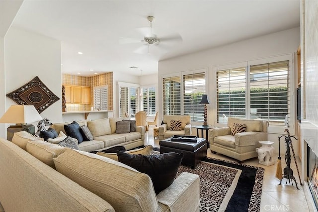 75929 Camino Cielo, Indian Wells, CA 92210 - living room featuring a ceiling fan, light tile patterned floors, and recessed lighting