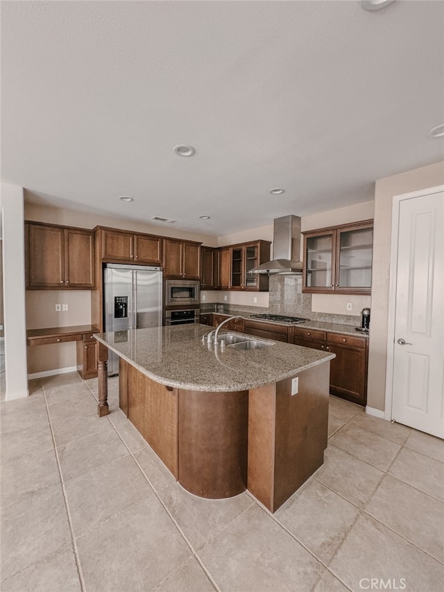 13529 Scarlet Sage Trl, San Diego, CA 92130 - kitchen featuring built in appliances, wall chimney exhaust hood, a sink, light tile patterned floors, and recessed lighting