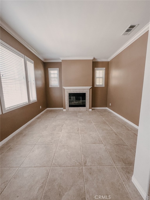 13529 Scarlet Sage Trl, San Diego, CA 92130 - unfurnished living room with ornamental molding, a fireplace, baseboards, and light tile patterned flooring