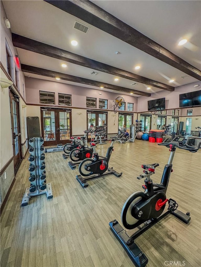 13529 Scarlet Sage Trl, San Diego, CA 92130 - exercise room featuring french doors, beamed ceiling, recessed lighting, and wood finished floors