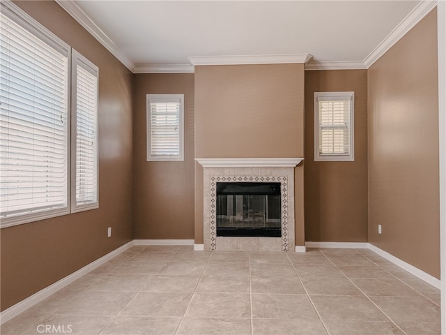 13529 Scarlet Sage Trl, San Diego, CA 92130 - unfurnished living room with crown molding, a tile fireplace, light tile patterned floors, and baseboards
