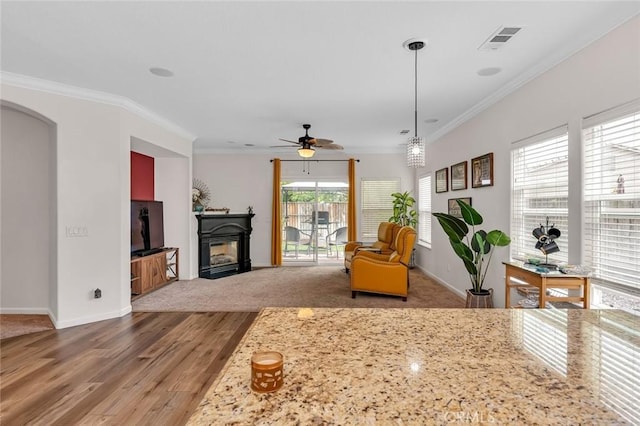 3008 La Vina Cir, Los Banos, CA 93635 - living room featuring wood finished floors, a glass covered fireplace, ornamental molding, a ceiling fan, and arched walkways