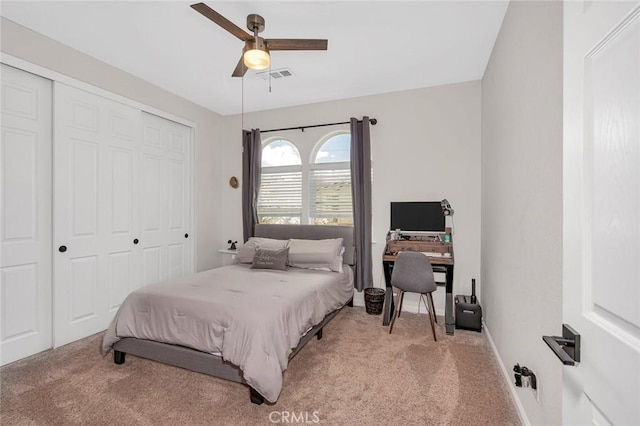 3008 La Vina Cir, Los Banos, CA 93635 - bedroom featuring light colored carpet, a closet, ceiling fan, and baseboards