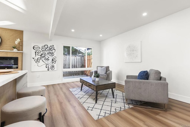 6802 Maury Dr, San Diego, CA 92119 - living room with baseboards, wood finished floors, recessed lighting, and beamed ceiling