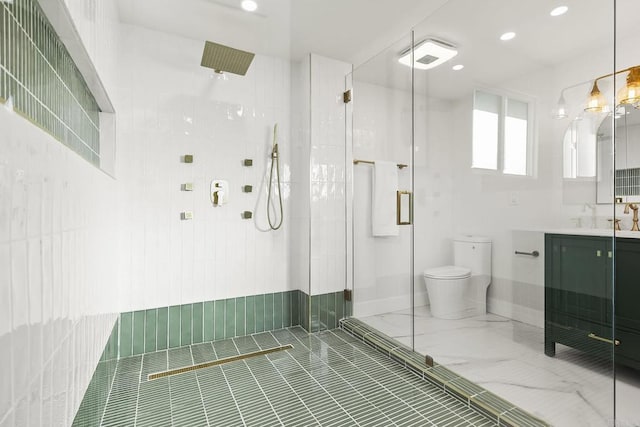 6802 Maury Dr, San Diego, CA 92119 - bathroom with a shower stall, toilet, vanity, and recessed lighting