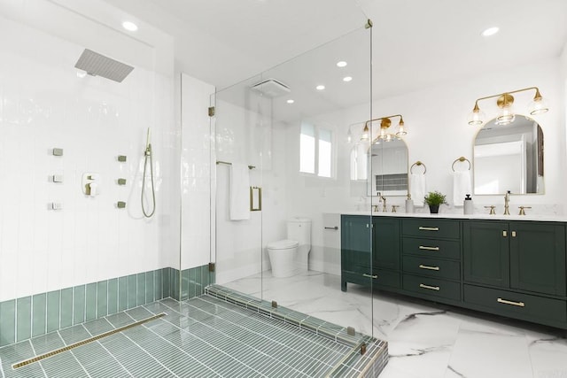 6802 Maury Dr, San Diego, CA 92119 - bathroom featuring a shower with shower door, recessed lighting, double vanity, and toilet