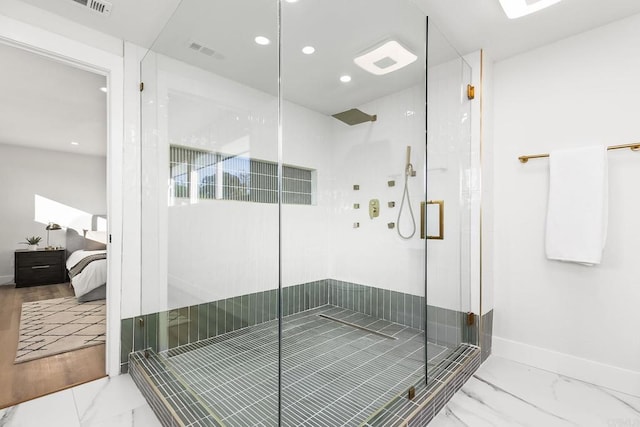6802 Maury Dr, San Diego, CA 92119 - bathroom featuring ensuite bathroom, marble finish flooring, a shower stall, recessed lighting, and baseboards