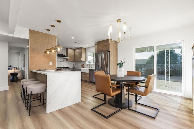 6802 Maury Dr, San Diego, CA 92119 - dining space featuring light wood-style flooring, a chandelier, and recessed lighting
