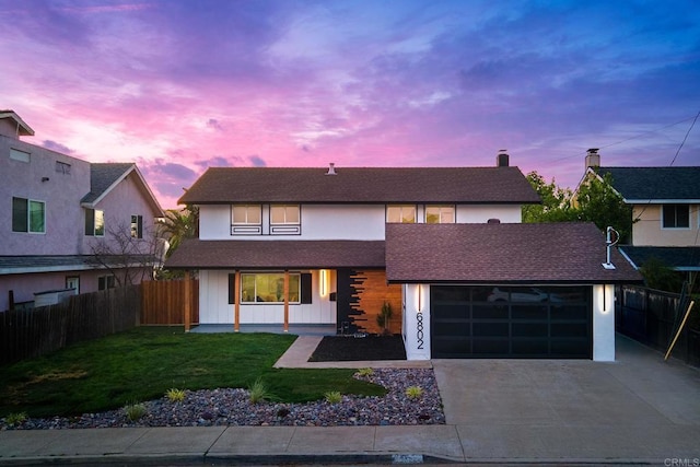 6802 Maury Dr, San Diego, CA 92119 - view of front facade featuring concrete driveway, a garage, covered porch, roof with shingles, and stucco siding