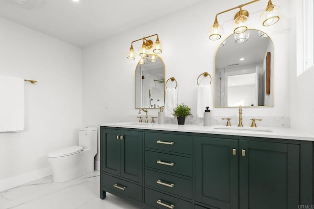 6802 Maury Dr, San Diego, CA 92119 - bathroom featuring toilet, marble look tile flooring, and double vanity