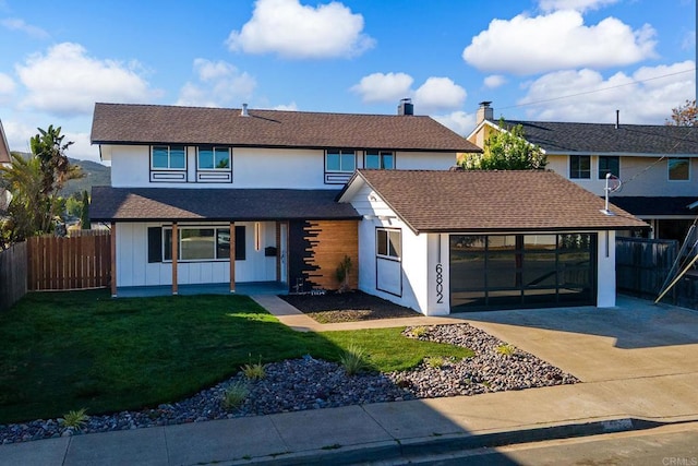 6802 Maury Dr, San Diego, CA 92119 - view of front of house with driveway, a porch, stucco siding, and roof with shingles