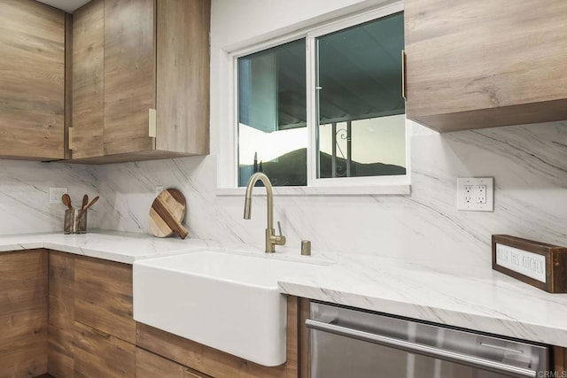 6802 Maury Dr, San Diego, CA 92119 - kitchen with dishwasher, a sink, decorative backsplash, and light stone counters