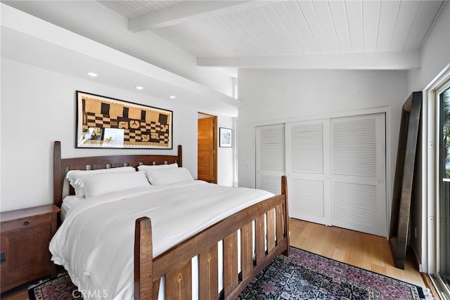 683 Alta Vista Way, Laguna Beach, CA 92651 - bedroom featuring light wood-type flooring, recessed lighting, a wooden ceiling with exposed beams, and a closet