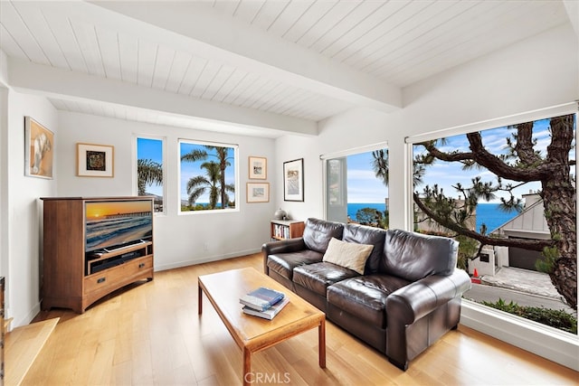 living room with beamed ceiling, light wood-style floors, baseboards, wooden ceiling, and a water view