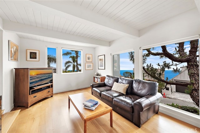 683 Alta Vista Way, Laguna Beach, CA 92651 - living area featuring light wood-type flooring, healthy amount of natural light, a wood ceiling with exposed beams, and a water view