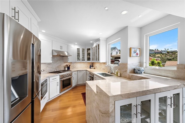 683 Alta Vista Way, Laguna Beach, CA 92651 - kitchen featuring stainless steel appliances, under cabinet range hood, light wood-type flooring, a peninsula, and recessed lighting