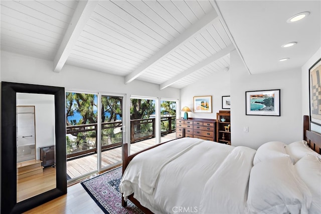 bedroom featuring access to exterior, light wood-type flooring, recessed lighting, and wood ceiling