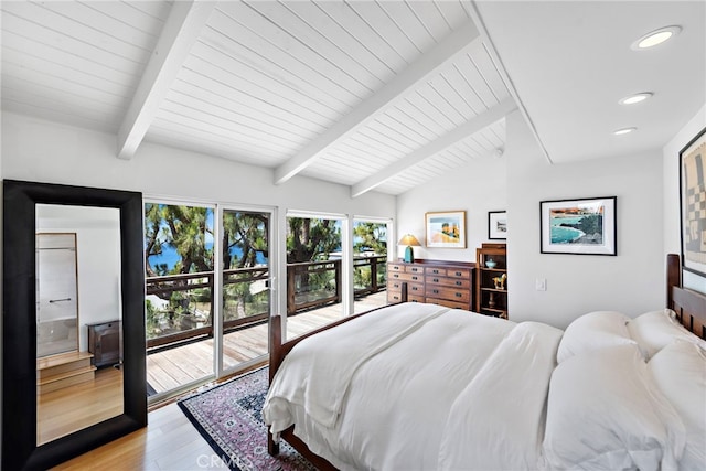 683 Alta Vista Way, Laguna Beach, CA 92651 - bedroom with access to outside, light wood-type flooring, recessed lighting, and wood ceiling