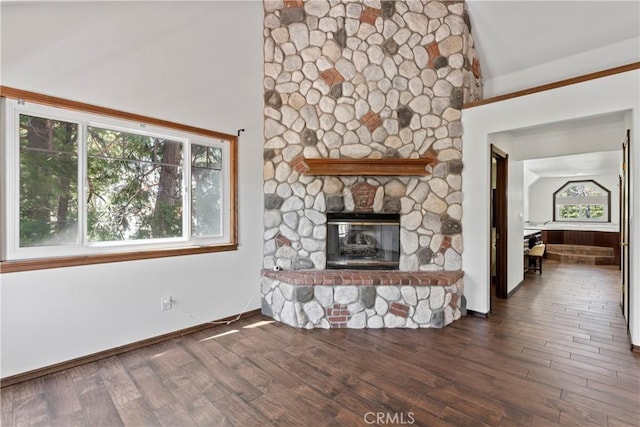 26061 Augusta Dr, Lake Arrowhead, CA 92391 - unfurnished living room with a fireplace, healthy amount of natural light, wood finished floors, and high vaulted ceiling