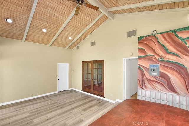 1244 N Albright Ave, Upland, CA 91786 - spare room with beam ceiling, wood finished floors, a ceiling fan, high vaulted ceiling, and baseboards
