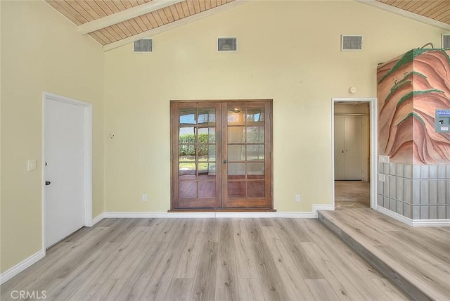 1244 N Albright Ave, Upland, CA 91786 - unfurnished room featuring high vaulted ceiling, wood finished floors, wood ceiling, french doors, and baseboards