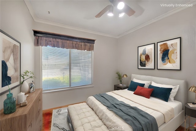 1244 N Albright Ave, Upland, CA 91786 - bedroom with wood finished floors, ornamental molding, and ceiling fan
