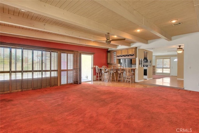 1244 N Albright Ave, Upland, CA 91786 - unfurnished living room with a ceiling fan, wood ceiling, beam ceiling, recessed lighting, and carpet