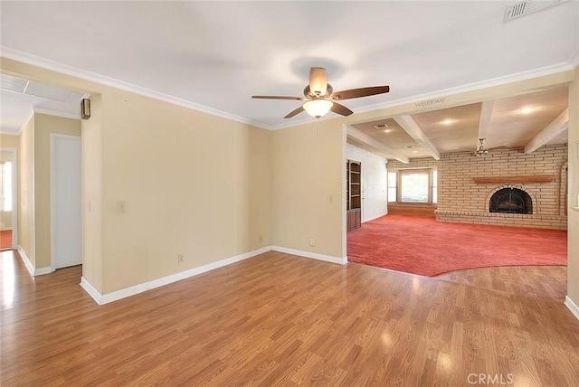 1244 N Albright Ave, Upland, CA 91786 - unfurnished living room with baseboards, light wood-type flooring, a ceiling fan, beam ceiling, and ornamental molding