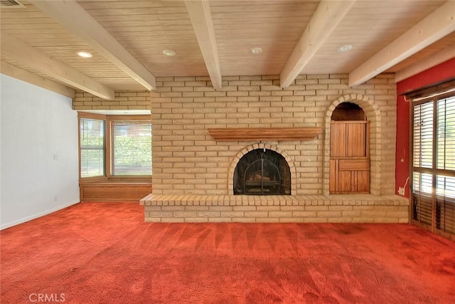1244 N Albright Ave, Upland, CA 91786 - unfurnished living room with carpet flooring, a brick fireplace, beam ceiling, and baseboards