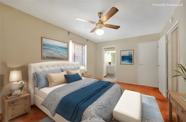 1244 N Albright Ave, Upland, CA 91786 - bedroom featuring attic access, ceiling fan, light colored carpet, and ensuite bath