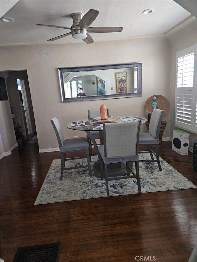 4183 4th Ave, Los Angeles, CA 90008 - dining space with baseboards, a ceiling fan, dark wood-style flooring, and recessed lighting