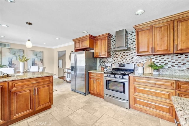 15605 Facilidad St, Hacienda Heights, CA 91745 - kitchen featuring wall chimney range hood, stainless steel appliances, brown cabinets, recessed lighting, and tasteful backsplash