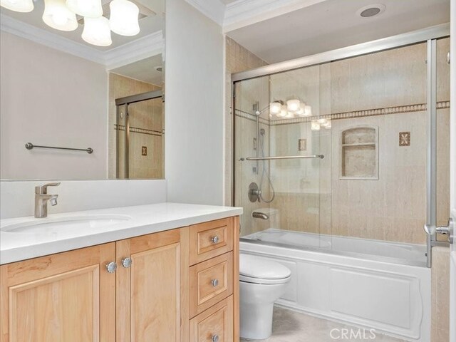 2560 Raleigh Dr, San Marino, CA 91108 - full bath with a chandelier, crown molding, enclosed tub / shower combo, toilet, and vanity