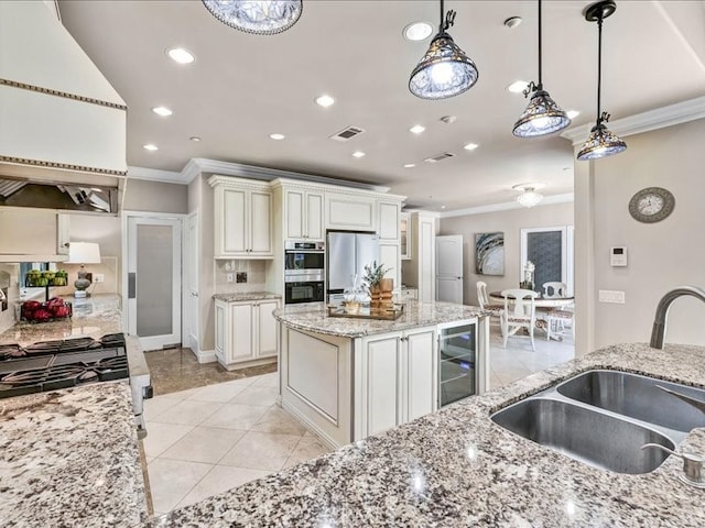 2560 Raleigh Dr, San Marino, CA 91108 - kitchen with ornamental molding, a sink, appliances with stainless steel finishes, wine cooler, and hanging light fixtures