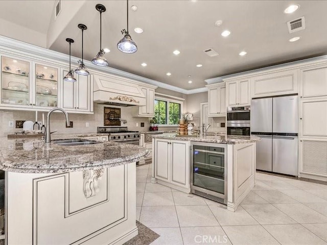 2560 Raleigh Dr, San Marino, CA 91108 - kitchen featuring stainless steel appliances, beverage cooler, a sink, crown molding, and glass insert cabinets