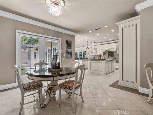 2560 Raleigh Dr, San Marino, CA 91108 - dining space with baseboards, ornamental molding, light tile patterned flooring, recessed lighting, and plenty of natural light