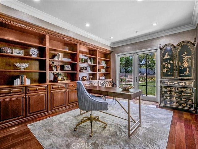 2560 Raleigh Dr, San Marino, CA 91108 - office area featuring french doors, dark wood finished floors, ornamental molding, and recessed lighting