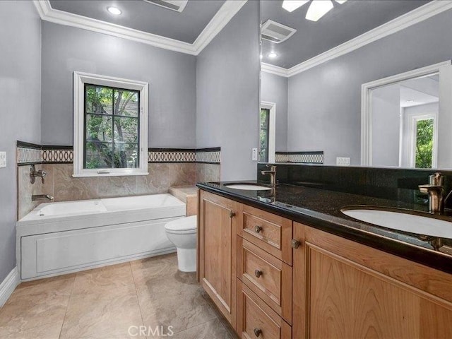 2560 Raleigh Dr, San Marino, CA 91108 - bathroom with crown molding, a garden tub, double vanity, toilet, and tile patterned flooring