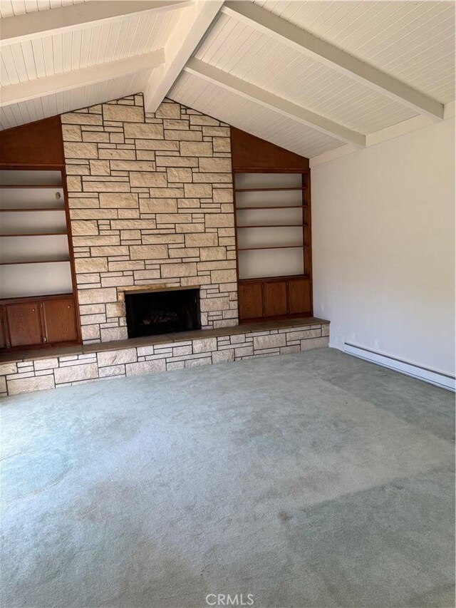 4333 N Country Club Ln, Long Beach, CA 90807 - unfurnished living room with a baseboard heating unit, carpet floors, a fireplace, and built in shelves