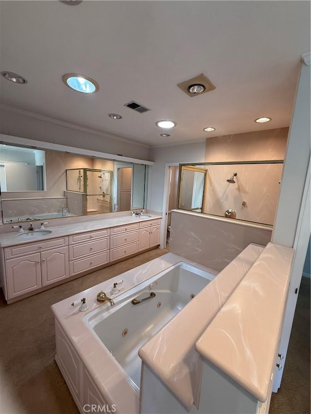 4333 N Country Club Ln, Long Beach, CA 90807 - full bath featuring a jetted tub, double vanity, a shower, recessed lighting, and ornamental molding