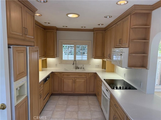4333 N Country Club Ln, Long Beach, CA 90807 - kitchen with a sink, white appliances, open shelves, light countertops, and light tile patterned flooring