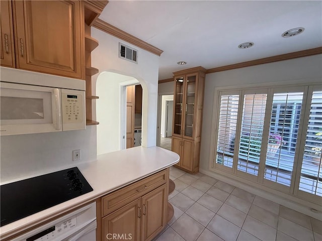 4333 N Country Club Ln, Long Beach, CA 90807 - kitchen with white microwave, open shelves, crown molding, black electric stovetop, and oven