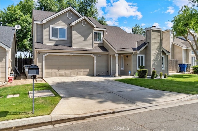 traditional home with an attached garage, driveway, and roof with shingles