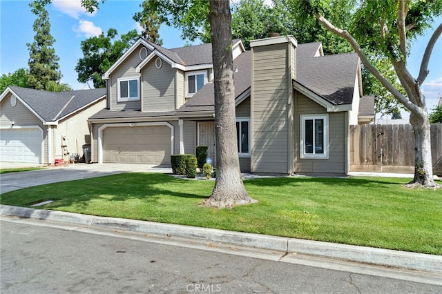 view of front facade with driveway, a chimney, roof with shingles, and a garage