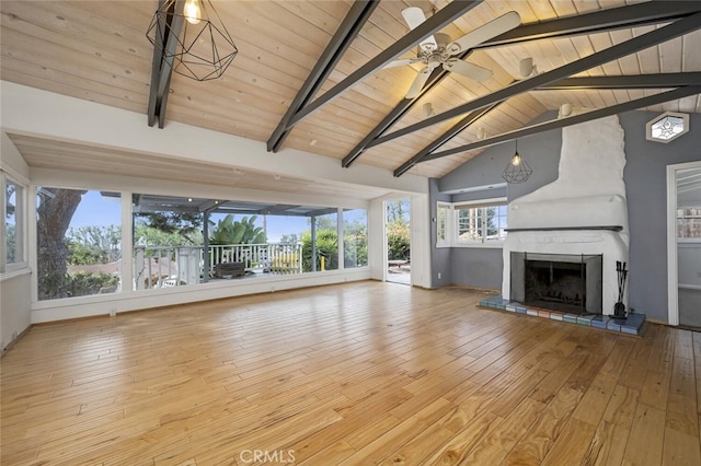 603 Pearl St, Laguna Beach, CA 92651 - unfurnished living room featuring wood ceiling with exposed beams, a fireplace, hardwood / wood-style flooring, high vaulted ceiling, and ceiling fan