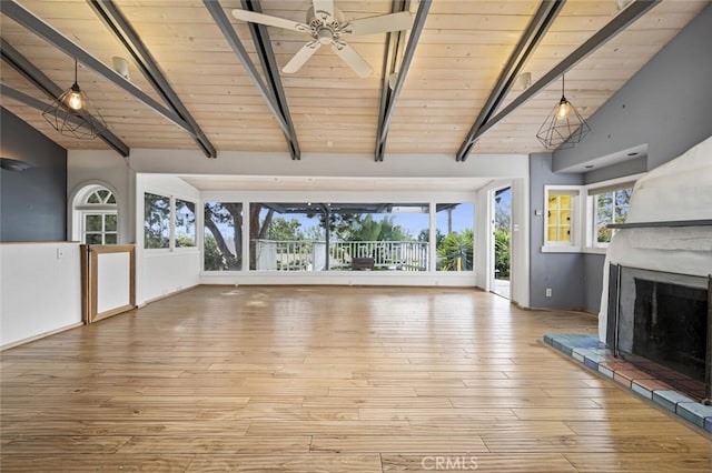 603 Pearl St, Laguna Beach, CA 92651 - unfurnished living room with a fireplace with raised hearth, wooden ceiling with exposed beams, ceiling fan, high vaulted ceiling, and wood finished floors