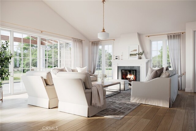 603 Pearl St, Laguna Beach, CA 92651 - living room featuring wood finished floors, a high end fireplace, and high vaulted ceiling